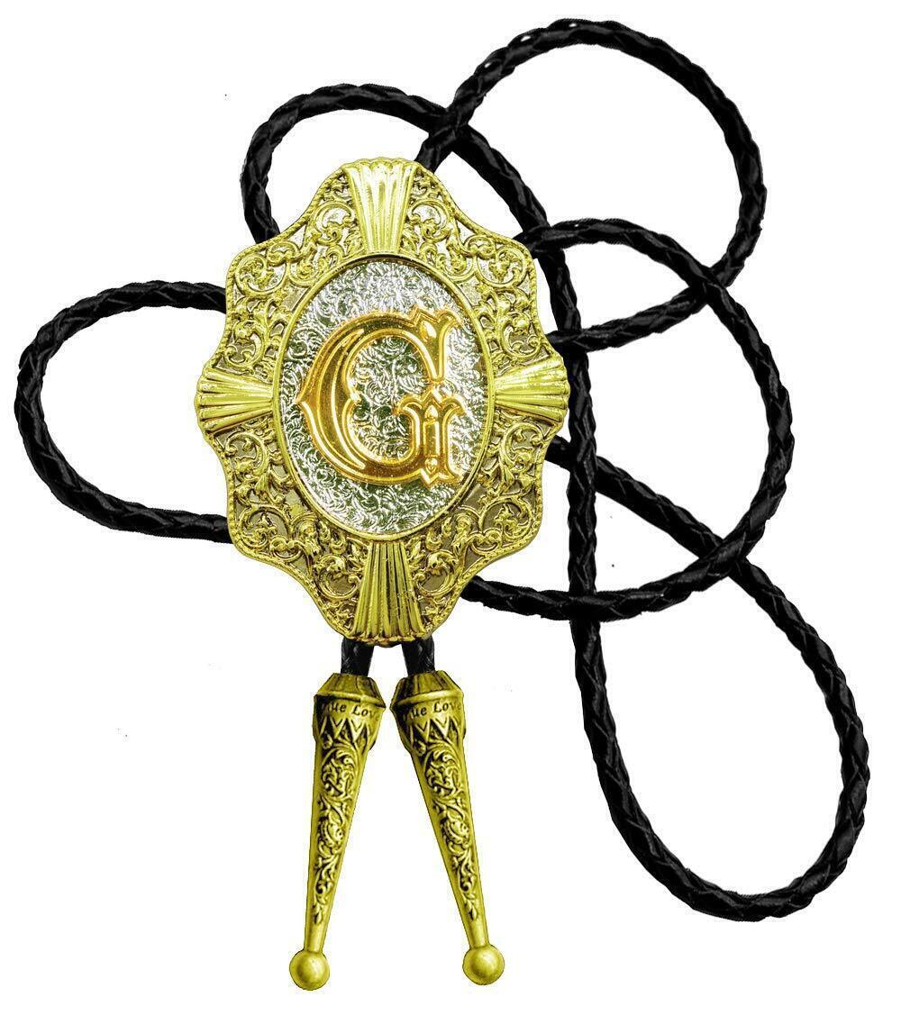 5182 Golden Initial Letters in Flower Nursery Cowboy Bolo Tie with Cowhide